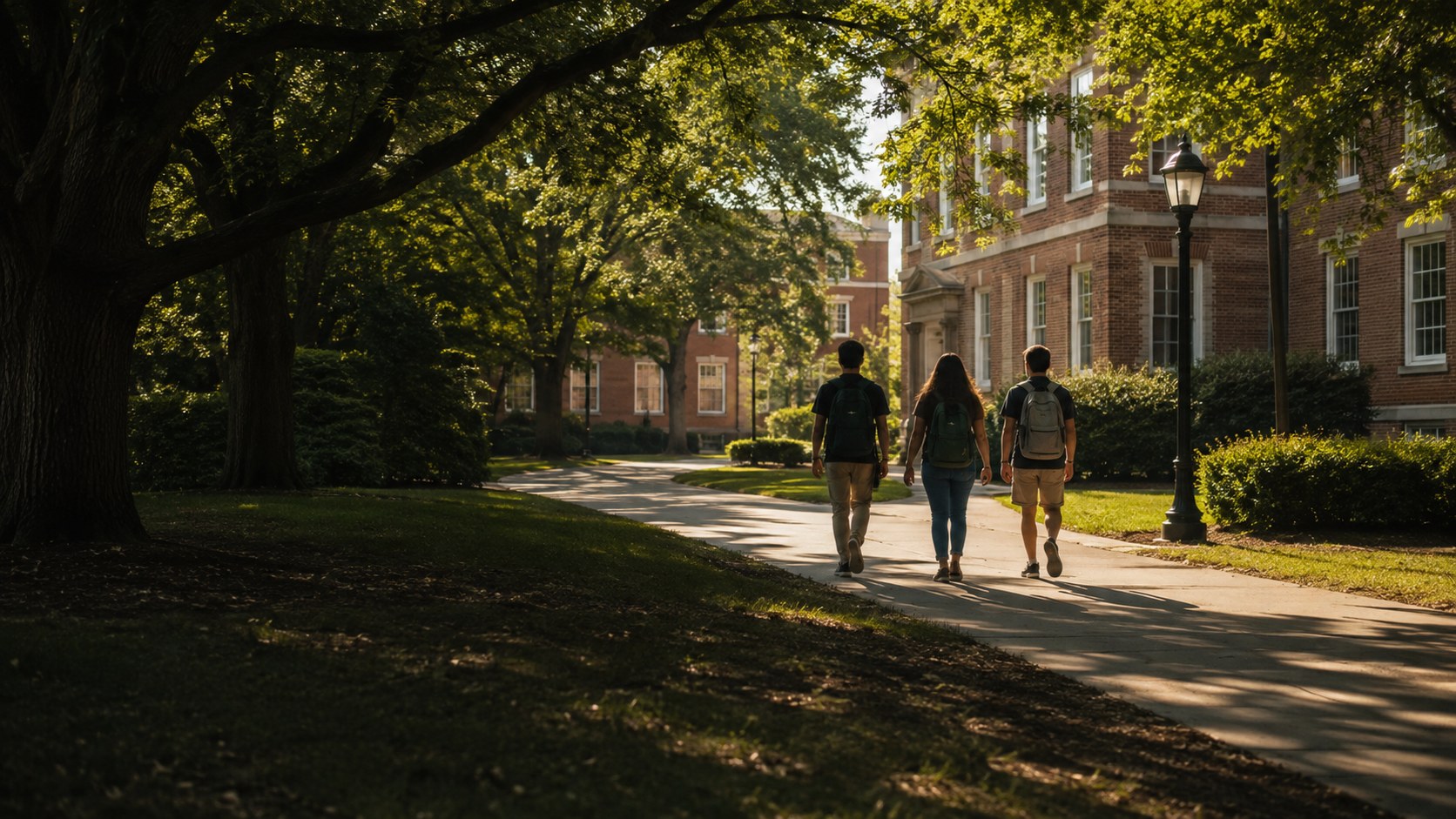 Students walking along a leafy college campus path